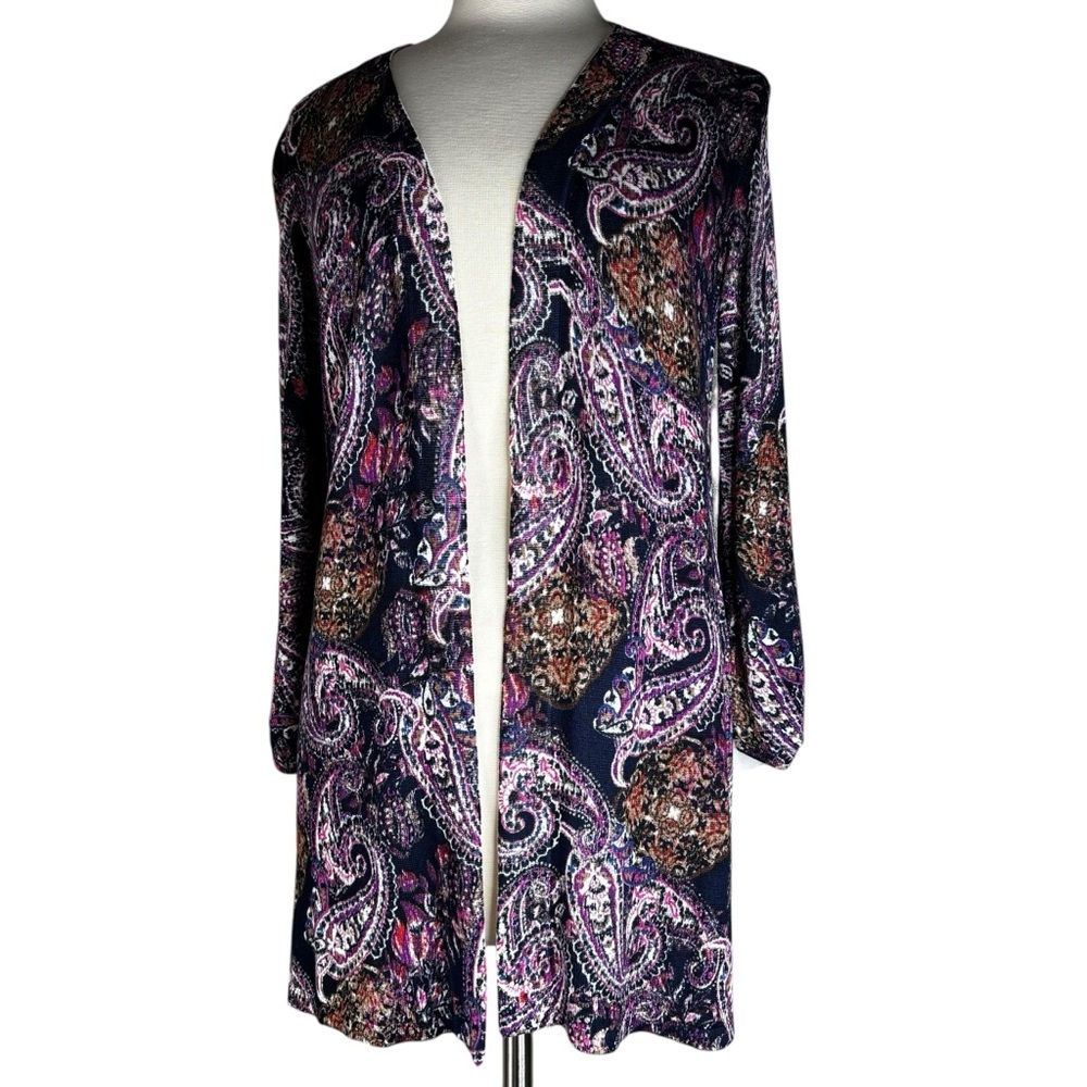New Purple & Dusk Navy Brushed Paisley Everyday Open Front Cardigan Size Small